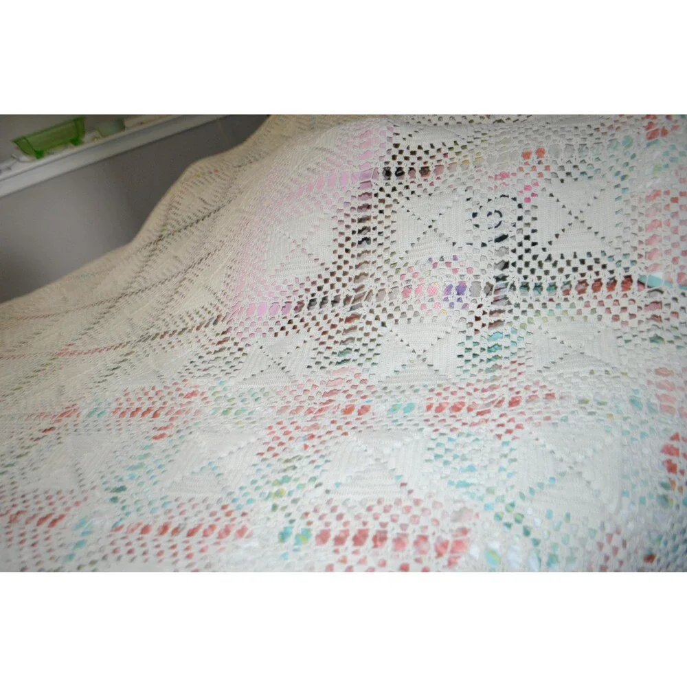 Vintage Crochet Bed Cover Twin Filet Border Cottagecore Shabby Chic Timeless